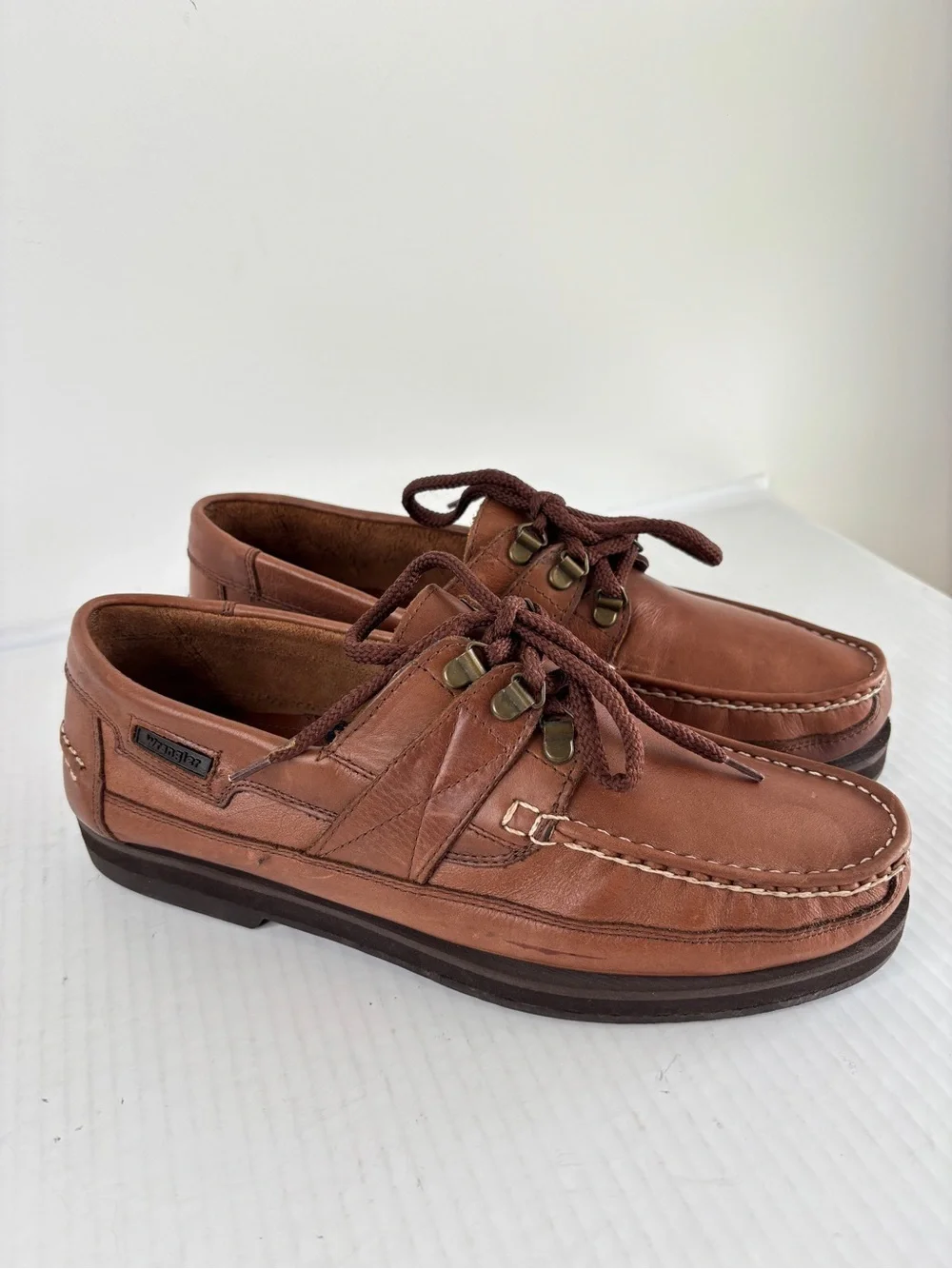 Wrangler Brown Leather Boat Shoes Mens 9.5 M Rugged Sole Crafted in Brazil NEW!